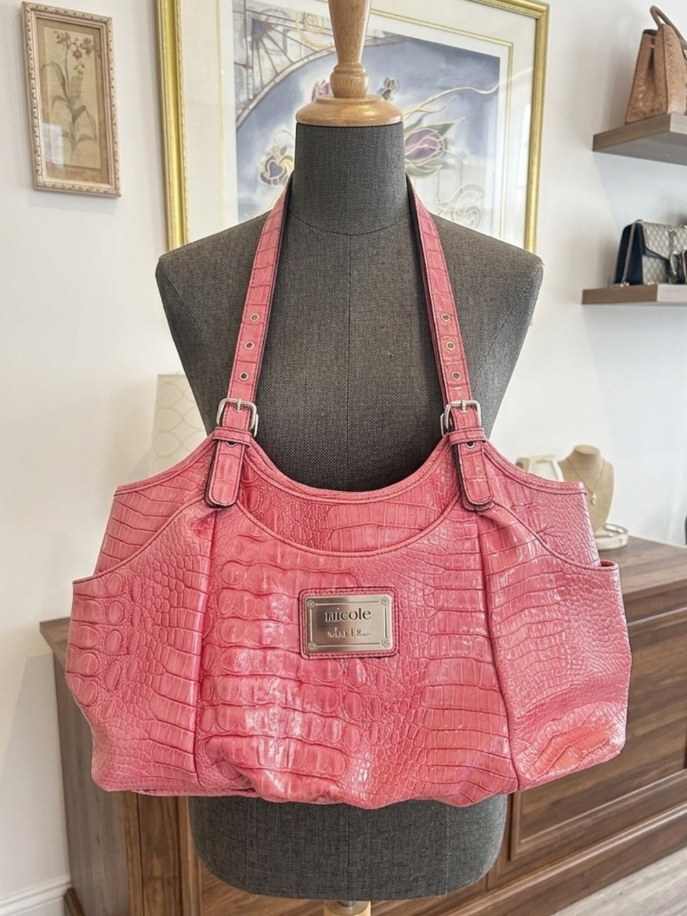 Nicole Miller Pink Croc-Embossed Hand Bag - Picture 1 of 4